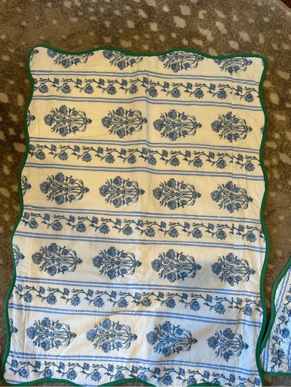 Roller Rabbit Cream and Blue Floral Quilted Throw with Green Border